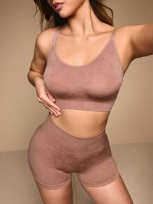 SHEIN 女士纯色蝴蝶提花吊带背心和短裤塑身衣套装