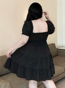 Flirla Plus Size Puff Short Sleeve Dress With V-Neck - Black - View 2