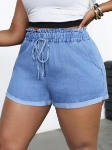 SHEIN PETITE CURVE Shorts en jean ajustés bleus avec poches en biais et taille nouée pour femmes grandes tailles. Parfaits pour l'été, le 4 juillet, le travail, les vacances en avion ou les sorties en club. Shorts taille haute vintage - Bleu azur - Voir 4