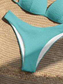 SHEIN Swim Solid Color Textured Bikini Set, Vacation & Beach - Mint Green - View 4