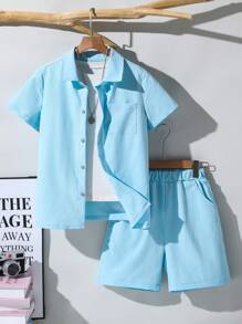 SHEIN 2件套青少年男孩夏季休闲纯色衬衫和短裤套装