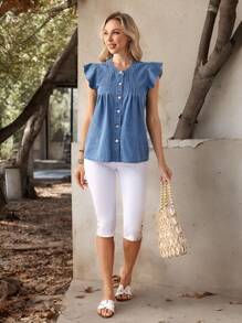 SHEIN LUNE Women's Summer Single Breasted Mini Cap Sleeve Casual Denim Shirt Blouse - Blue - View 7