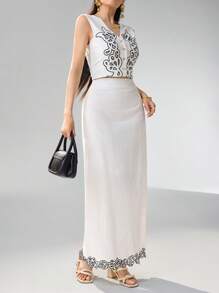 Heiryn Women High Waist Floral Embroidery Hem Long Straight Elegant Skirt