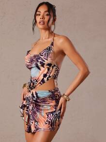 Hauture 女式豹纹露背挂脖性感迷你连衣裙 - 藕粉色 - 查看 4