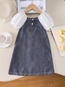SHEIN Genkimix Kids Girls Elegant Bowknot Decor Minidress, White & Blue Summer Casual Vacation Beach Sundress
