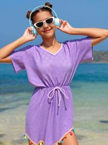 Tween Girl Tassel Decor Drawstring Waist Beach Cover Up Purple Beach Dress Tween Beach Dress Teen Beach Cover Up Kids Swim Cover Up - Purple - View 1