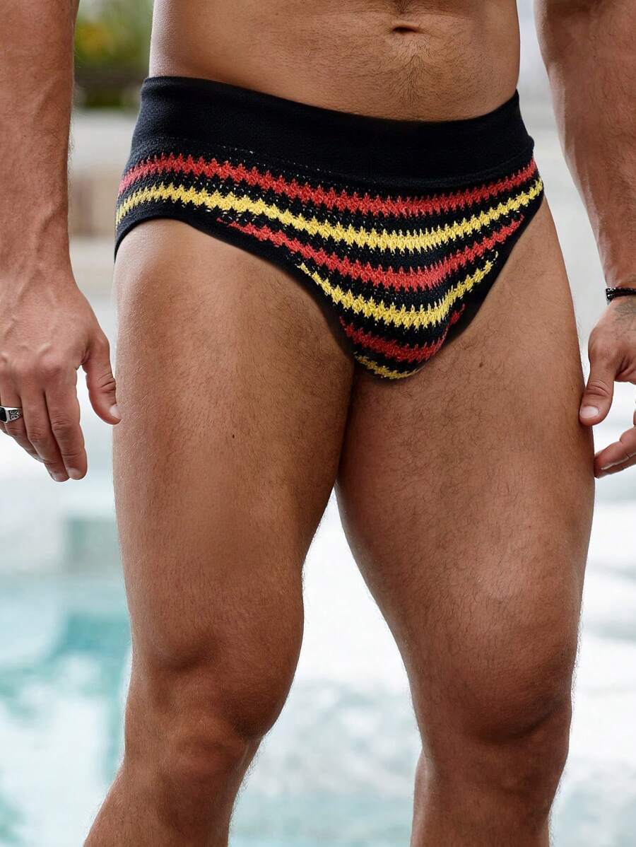 Manfinity Swimmode Men's Holiday Beach Contrast Striped Triangle Swim Trunks Crochet For Men Men Crochet Shorts Swimwear For Men Hawaiian - Black - View 1