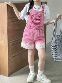 Tween-Mädchen Denim-Overall-Shorts, rosa Latz, Cargotaschen, gestickte Sterne, 100 % Baumwolle, Premium-Waschung, Beinausschnitt mit Ombre-Verblassung, lockere Passform, süß und niedlich für Ausflüge, Schule, Sport, Hauskleidung, verstellbare Träger, Unabhängigkeitstag, Musikfestival, Kindertagsgeschenk, passendes Schwestern-Set - Pink - Übersicht 4