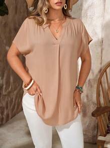 EMERY ROSE 大码女式夏季纯色 V 领蝙蝠袖短袖衬衫，乡村休闲度假装女士，简约时尚的日常穿着，女式夏季上衣，女式夏季服装，女式度假装 - 杏色 - 查看 1