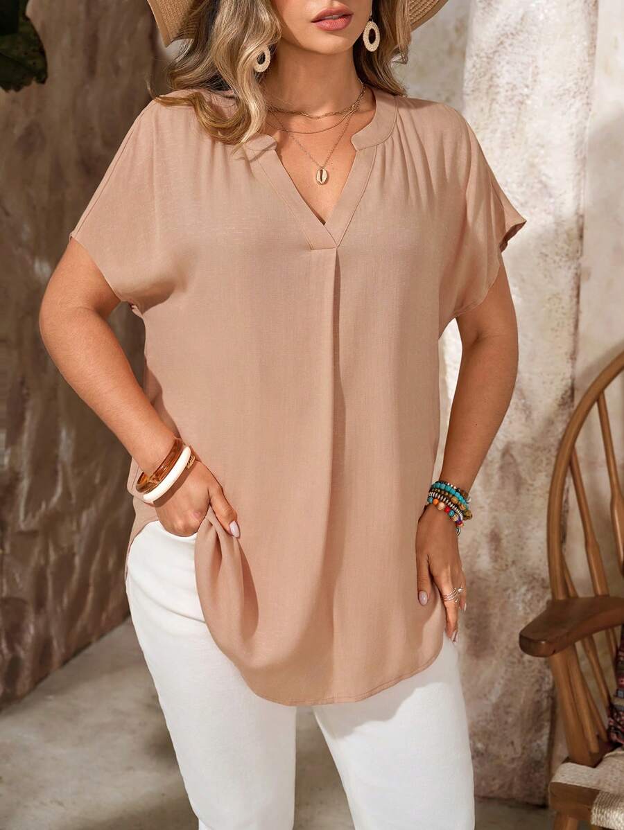 EMERY ROSE 大码女式夏季纯色 V 领蝙蝠袖短袖衬衫，乡村休闲度假装女士，简约时尚的日常穿着，女式夏季上衣，女式夏季服装，女式度假装 - 杏色 - 查看 1