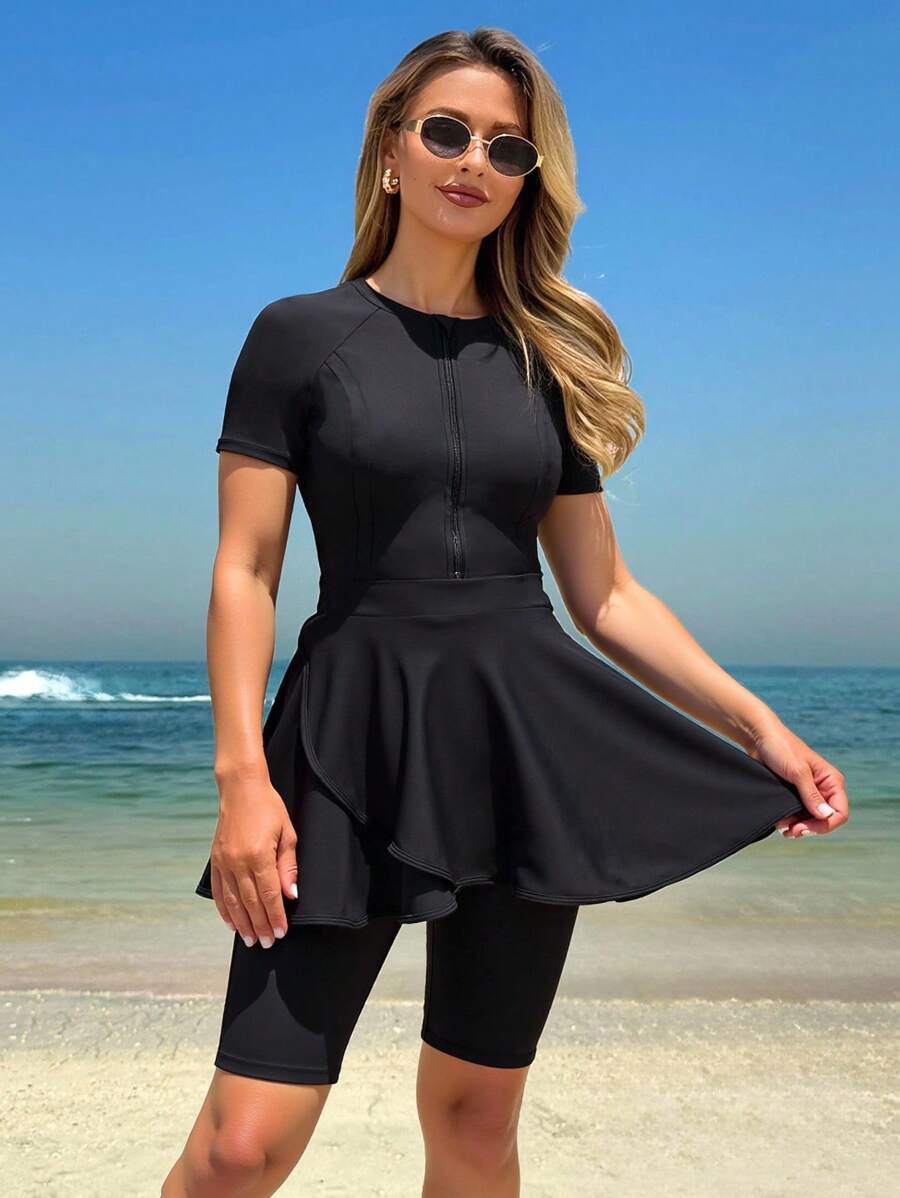 Swim Mulvari Bộ đồ bơi một mảnh tay ngắn khóa kéo màu đen cho kỳ nghỉ hè dành cho nữ kèm quần short Burkini mặc đi biển - màu đen - Xem 1