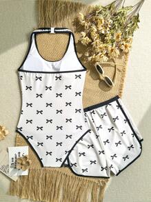 SHEIN 2 件套青少年女孩蝴蝶结印花吊带泳衣，含短裤和上衣，沙滩装，夏季 - 彩色 - 查看 2