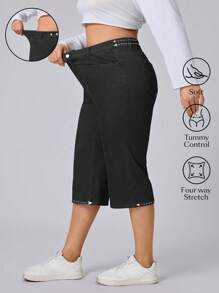 Flexra Plus Size Women Elastic Casual Straight Leg Capri Jeans - Dark Grey - View 1