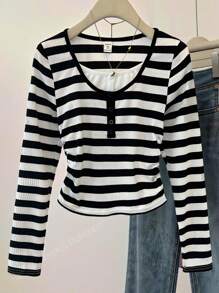 SHEIN 少女条纹罗纹黑白对比仿两件套纽扣腰部褶皱针织弹力长袖圆领 T 恤，休闲，家居服，返校 - 黑與白 - 查看 1