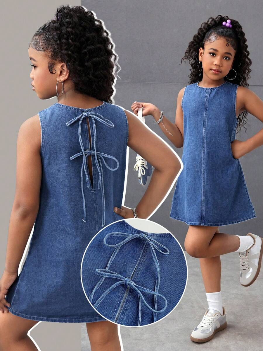 SHEIN Tween Girls Fashion Casual Y2k Detachable Back Bow Design Short Sleeveless Denim Dress For Tween Girl Clothes Girls Soft Dailywear And Tween Girl Summer And Spring Rave Outfits Festival And Beach Outfits Clothes Denim Dress Girls Fall Winter
