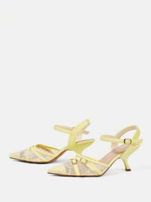 CUCCOO HITCHD Sandalias de tacón medio elegantes y románticas para mujer con correa cruzada, hebilla, bordado de encaje, puntera puntiaguda y malla amarilla de encaje para uso en verano, vestido, boda, dama de honor, fiesta de moda y ocasión formal