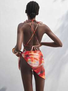 Maija Women's Orange Tie Back Abstract Print Spaghetti Strap Bikini Set - Multicolor - View 2