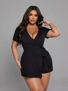 NU&NOW Plus Size Black  Cross Wrap Short Sleeve Jumpsuit, Summer Outfits For Women - Black - View 3