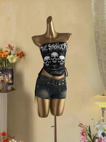 Attitoon Damen Lässig Retro Punk gerafftes Tube Top mit Krawattenfront - Verschiedenfarbig - Übersicht 4