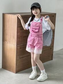 Tween-Mädchen Denim-Overall-Shorts, rosa Latz, Cargotaschen, gestickte Sterne, 100 % Baumwolle, Premium-Waschung, Beinausschnitt mit Ombre-Verblassung, lockere Passform, süß und niedlich für Ausflüge, Schule, Sport, Hauskleidung, verstellbare Träger, Unabhängigkeitstag, Musikfestival, Kindertagsgeschenk, passendes Schwestern-Set - Pink - Übersicht 6