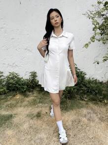 SHEIN Đầm xếp ly tay ngắn cổ bẻ đơn giản thoải mái cho bé gái tuổi teen - Màu be - Xem 5