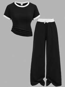 SHEIN Girlism 2 件青少年女孩春夏针织条纹黑白撞色休闲修身基本款 T 恤和撞色腰部宽松口袋裤套装，女孩休闲运动街头服饰，学校运动，返校，足球运动，户外舒适套装 - 黑與白 - 查看 7