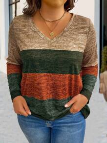 EMERY ROSE Plus Size Striped Contrast Color V-Neck Long Sleeve T-Shirt Women Tops For Spring Fall - Multicolor - View 5
