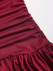 SHEIN Tall Minimalist One Shoulder Pleated High Waist Slimming Long Dress For Tall Women, Spring/Summer - Burgundy - View 5