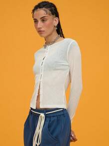 COUREZ Sheer Button Up Long Sleeve White Going Out Spring Tops Y2K Casual - White - View 2