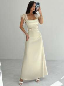 Firerie 夏季女士优雅浪漫派对毕业婚纱，杏色心形领口网眼缎腰修身连衣裙