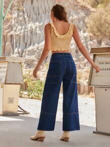 WESTFADE Pantalones vaqueros de tiro alto con costuras occidentales, pernera ancha, 91% algodón, pantalones de servicio de estilo veraniego western, cowgirl de Nashville, rodeo - Azul lavado oscuro - Ver 2