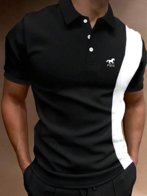 Manfinity Bizformal Men's Letter & Horse Print Short Sleeve Casual Commuting Polo Shirt Men Polo Shirt Black And White Mens Shirt Mens Polo Shirts Mens Fashion Polo Shirt Mens Golf Shirt.A Great Gift For A Boyfriend Or Husband.