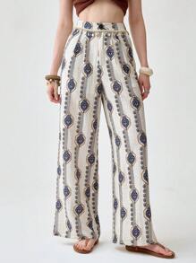 Florisole Quần ống rộng cạp cao in họa tiết hoa phong cách Bohemian, đơn giản, đa năng, thoải mái - Nhiều màu - Xem 5