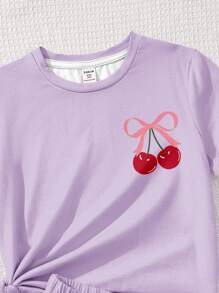 SHEIN Leap Crew 青少年女孩休闲简约短袖短裤两件套，适合夏季 - 淡紫色 - 查看 5