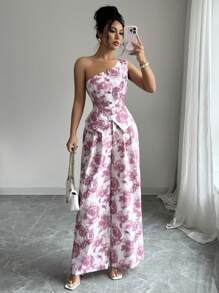 Elenzga Tuta elegante senza maniche con design a una spalla stampato