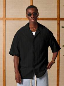 SUMWON Textured Short Sleeve Button Down Regular Fit Summer Vacation Resort Shirt Casual Holiday Beach Lounge Wear - Black - View 3