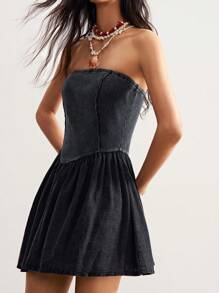 Bohemela 休闲拼布抹胸迷你连衣裙 - 黑色 - 查看 4