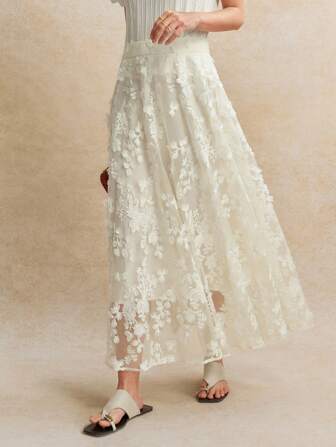 Écloséra Women's Elegant Long Woven Apricot Floral Embroidered Skirt A Maxi Skirt For Special Occasions Fall Cloth For Women