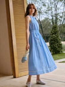 MOTF PREMIUM VESTIDO CON BOLSILLO DE RIBETE CONTRASTANTE - Azul - Ver 4