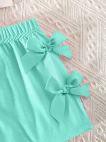 2pcs Baby Girls Casual Fashion Daily Crew Neck Raglan Short Sleeve Bow Decor Top And Elastic Waist Shorts Set Girls Clothes Set Teen Girl Shirts Rainbow Summer Sets Pride Short Sets For Baby Girl Baby Girl Summer Clothes Sets Sets For Baby Girls - Green - View 4