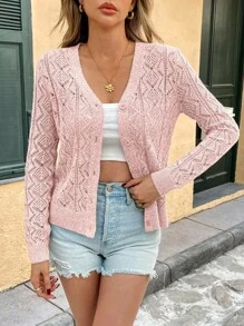 SHEIN PariChic Women Solid Color Hollow Out Long Sleeve Single-Breasted Casual Thin Cardigan Fall Winter Cloth For Women - Pink - View 3