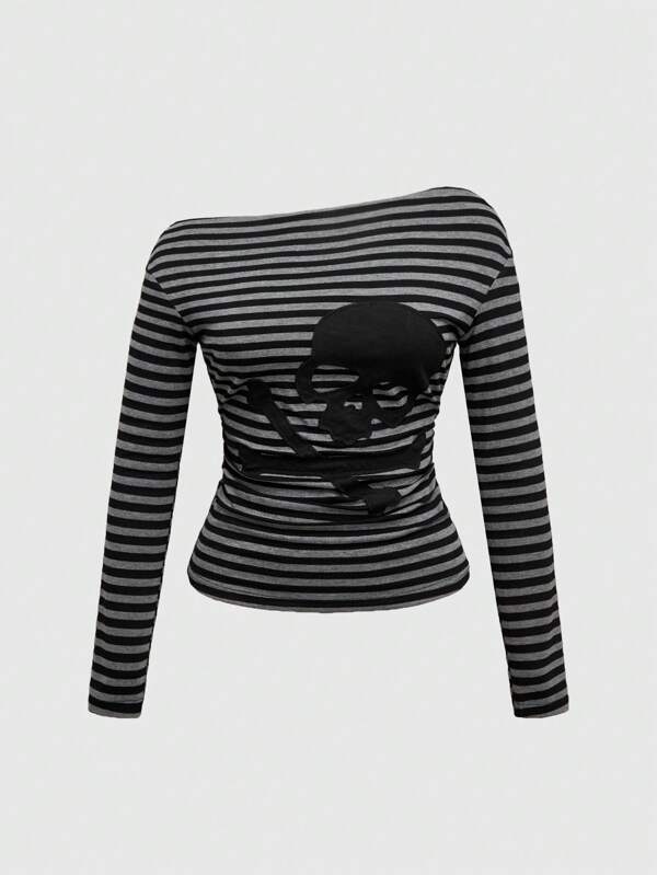 ROMWE Grunge Punk Asymmetric Shoulder Or Asymmetric Shoulder Striped Punk Harajuku Subculture Skeleton Embroidered Women Knit Long Sleeve T-Shirt