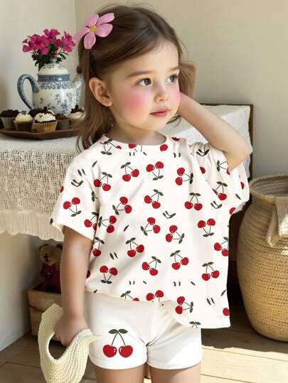 SHEIN 可爱复古樱桃印花，迷你樱桃印花，女婴休闲宽松圆领短袖T恤和紧身短裤套装，适合春夏季