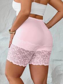 Elenzga Plus Size Women Casual Simple Vacation Leggings, Knitted Lace Insert, Short Skinny Pants, Comfortable Soft Breathable Fabric - Pink - View 2
