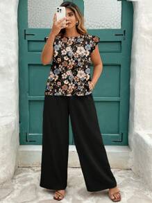 EMERY ROSE 卡其色度假风小碎花盖袖松紧腰阔腿裤两件套 优雅日常穿搭 春夏大码女装 商务休闲女装