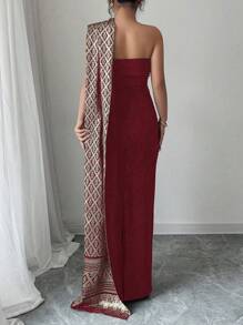 Rafferiza Robe près du corps plissée avec feuille d'or, mode moulant pour femmes - Rouge - Voir 2