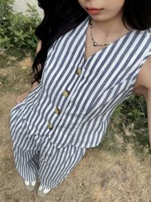 SHEIN Conjunto de Regata e Calça Assimétrica com Decote em V Listrado, Casual para Adolescentes, Confortável e Minimalista