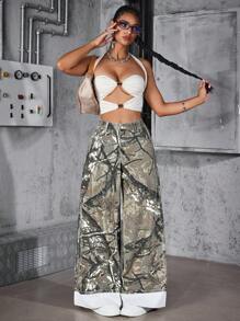 SHEIN ICON 女士时尚树枝印花阔腿牛仔裤 - 彩色 - 查看 6