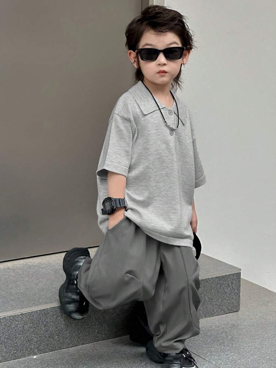 Dazy Kids Kids Fall 2-Piece Outfit - Collared Short Sleeve Thin Sweater & Pants Set, Summer - Grey - View 1