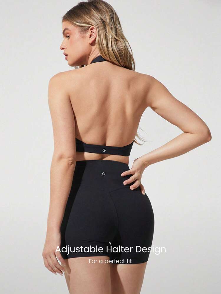 FeatherFit™ Deep V Neck Adjustable Halter Cropped Sports Bra With Crossover Bust Low Impact Yoga Pilates Daily